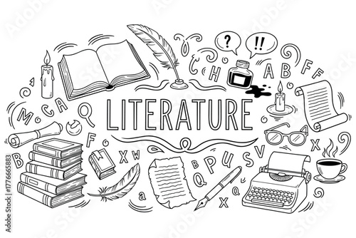 Literature elements: books, typewriter, quill, ink, and scrolls in artistic illustration