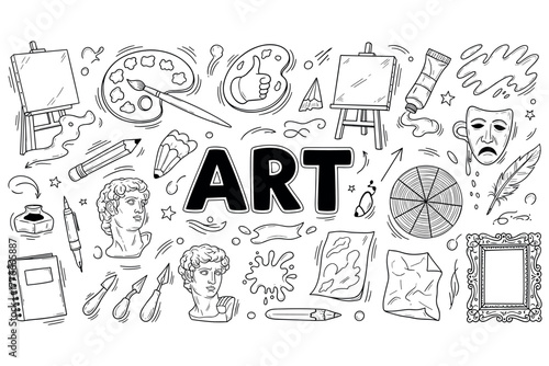 Doodle art theme with easels paintbrushes palettes and classical busts