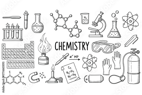 Hand-drawn chemistry icons with laboratory equipment and molecular structures