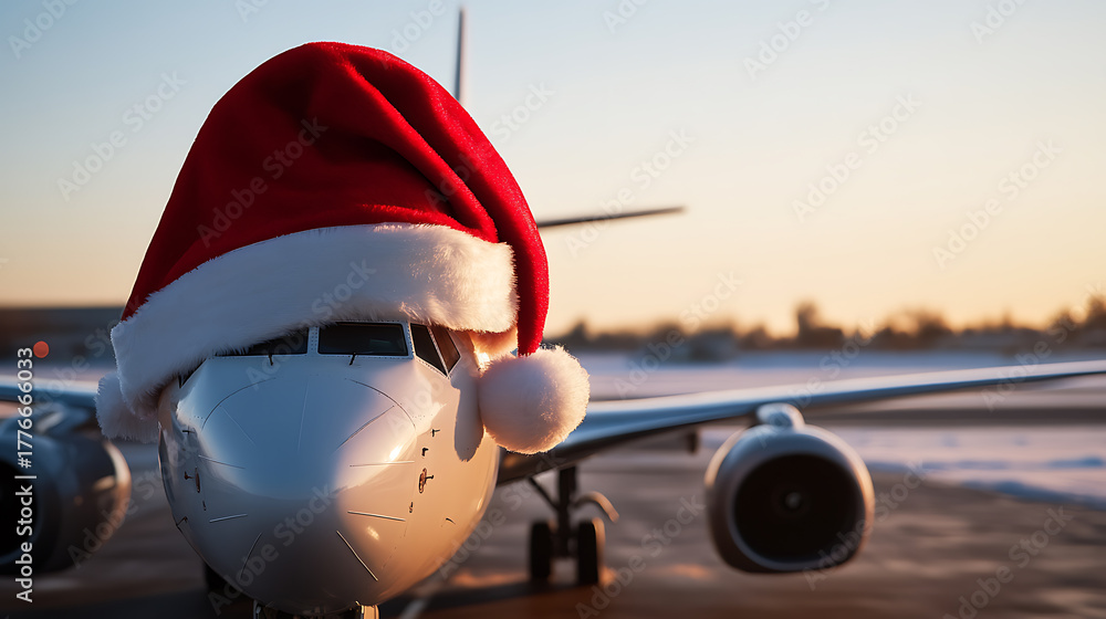 Obraz premium Festive flight! An airplane is adorned with a Santa hat, embodying the holiday spirit at the airport. Ready to take off into a Christmas adventure filled with joy and travel!