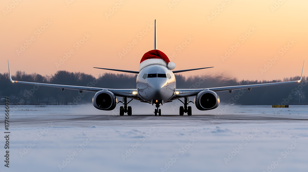 Obraz premium Festive flight! An airliner taxis down the runway, playfully sporting a Santa hat on its nose. The winter sky glows softly in the background, marking a Christmas journey.