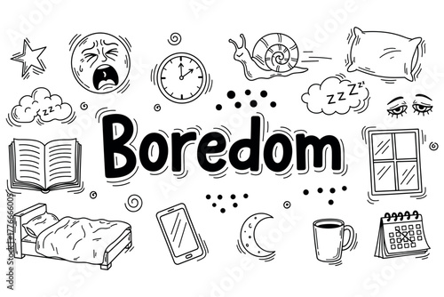 Boredom doodle art with bed, clock, and pillow illustrations
