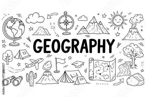 Doodle style geography design with globes, volcanoes, maps, and nature elements