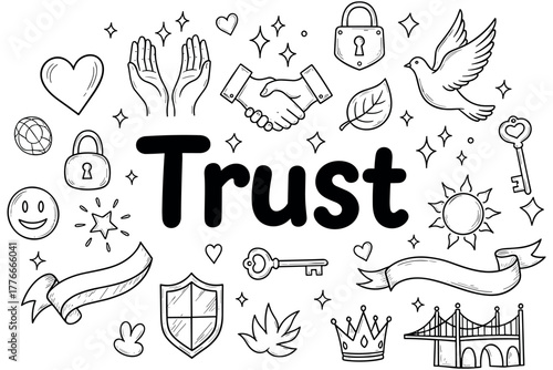 Trust concept doodles: hands, dove, lock, key, bridge, shield, heart symbols in black and white