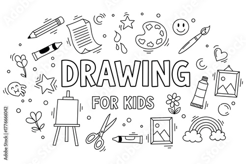 Creative drawing elements for kids: art supplies and doodles