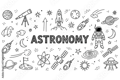 Astronomy doodles: space exploration with rocket, astronaut, planets, stars, and telescopes