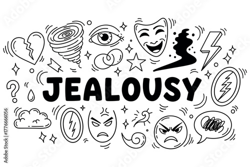 Jealousy concept with hand-drawn icons: faces, tornado, eye, broken heart, lightning