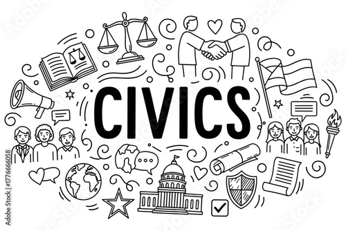 Civics concepts: justice, democracy, government, and community symbols in black-and-white design