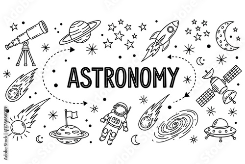 Astronomy doodles: planets, telescopes, rockets, and space exploration