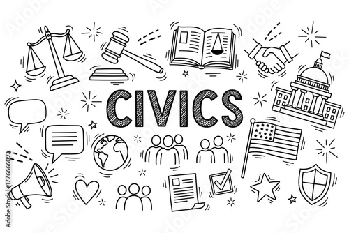 Civics doodle with symbols of justice, government, and citizenship