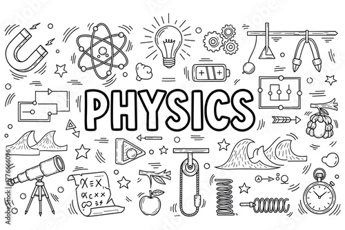 Physics doodle art with scientific symbols and formulas
