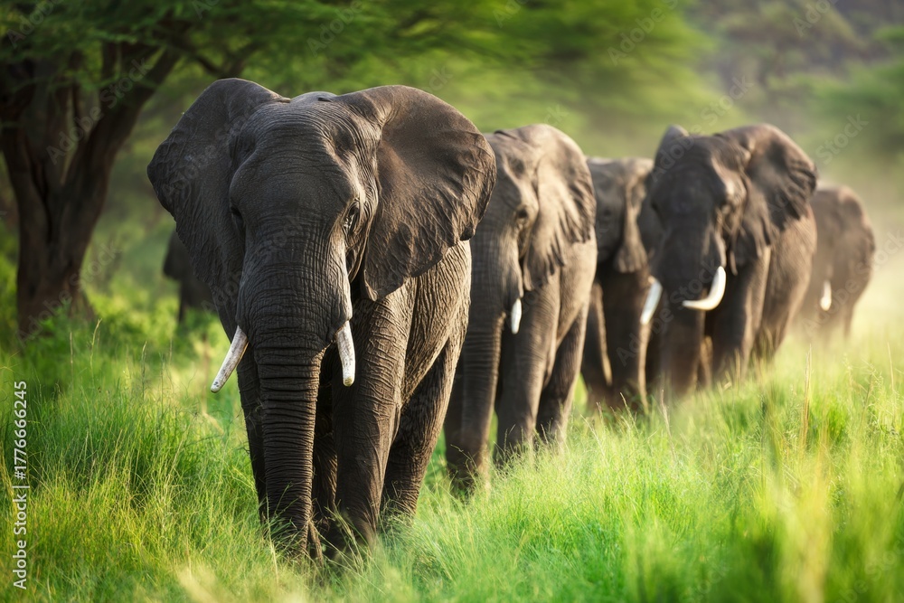 Obraz premium In the wild: elephants amidst the serengeti grasslands. Advertising photo. Serenity in motion: elephants walking through tarangire's tall grass. Majestic beauty. Chic appearance.