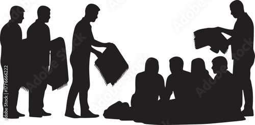 Diverse volunteers distribute supplies to community members in silhouette style