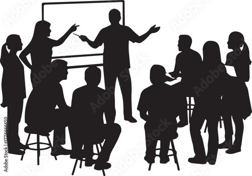 Diverse group attending workshop seminar with speaker presenting lessons learning together