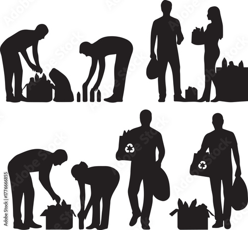 International volunteer day silhouettes helping people carrying groceries and bags with donation