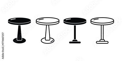 Round or circle table icon set. Simple furniture symbol with circular top and pedestal base for home. dining table vector illustration. Modern table design.