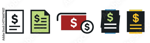 Collection of invoice icons, representing financial transactions, billing statements, and payment requests on transparent background