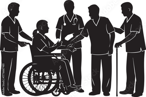 International volunteer day silhouette of healthcare team assisting elderly person in wheelchair