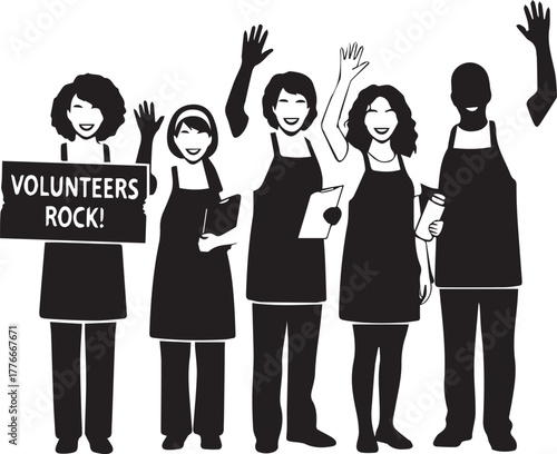 Diverse group of volunteers wearing aprons waving hands celebrating international volunteer day