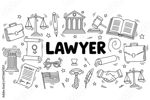 Lawyer concept: justice, legal services, courtroom symbols and tools with contracts