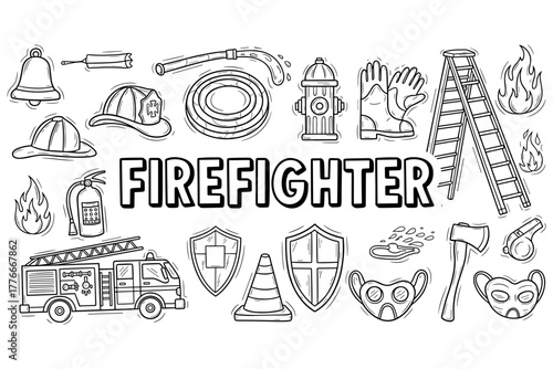 Firefighter tools and equipment sketches: hose, ladder, fire hydrant, extinguisher, helmet