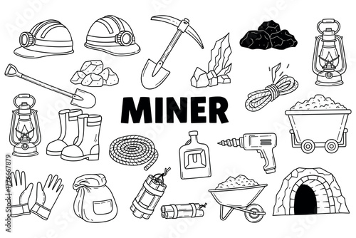Black and white miner tools and equipment set