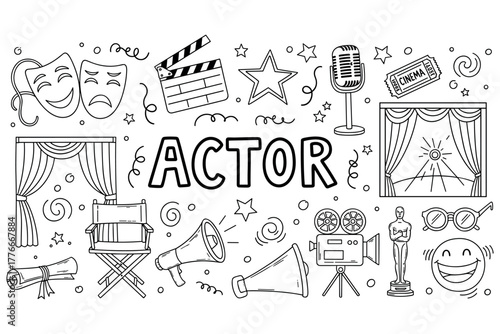 Actor performance icons: theater, cinema, awards, and microphone illustrations in black and white