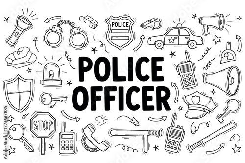 Black and white police officer doodle with equipment and symbols
