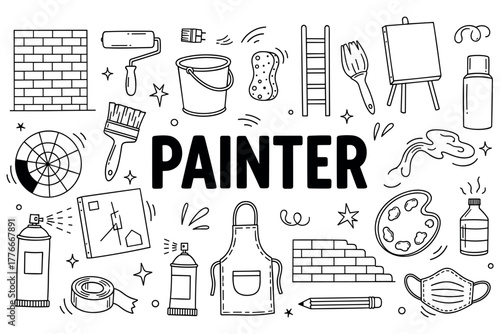 Art supplies and tools: paintbrushes, easel, paint palette, roller, apron, spray paint