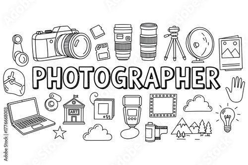 Photography equipment and accessories doodle with camera, lenses, and tripod