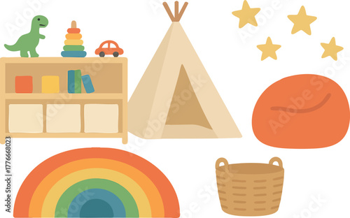 Children’s playroom vector with teepee tent, rainbow rug, bean bag, wooden shelf, and toys for fun and creativity