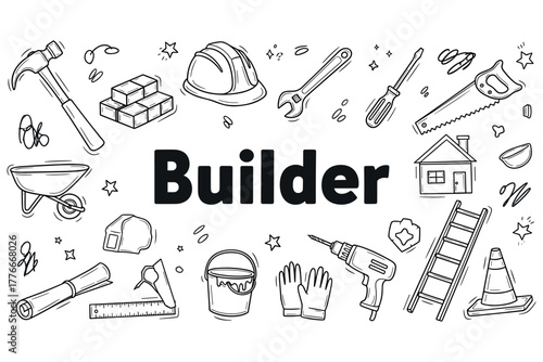 Builder tools and equipment: hammer, hard hat, wrench, brick, drill, house sketch