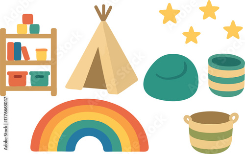 Colorful childrens playroom objects with teepee tent rainbow stars and storage baskets vector illustration