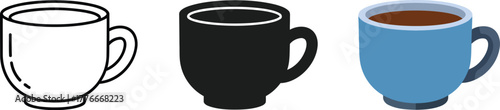 Three cup icons of coffee tea or hot beverage variations