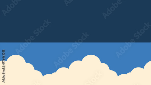 Illustration of a dark blue sky above a light blue sky with white cartoon style clouds below it