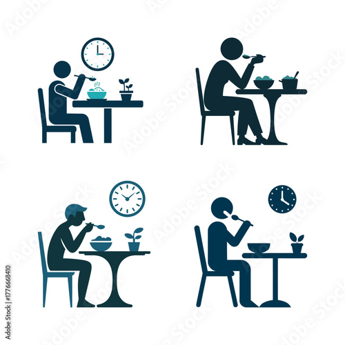 Icons showing lunch time with people eating and table clocks