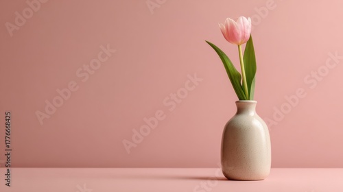 single tulip flower in pastel ceramic vase