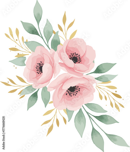Delicate watercolor pink floral arrangement with leaves