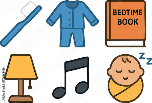Baby bedtime routine items with pajamas toothbrush lamp music and book vector illustration for sleep preparation