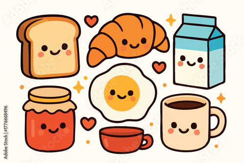 Cute breakfast food vector with smiling toast croissant fried egg jam jar coffee cup and milk carton