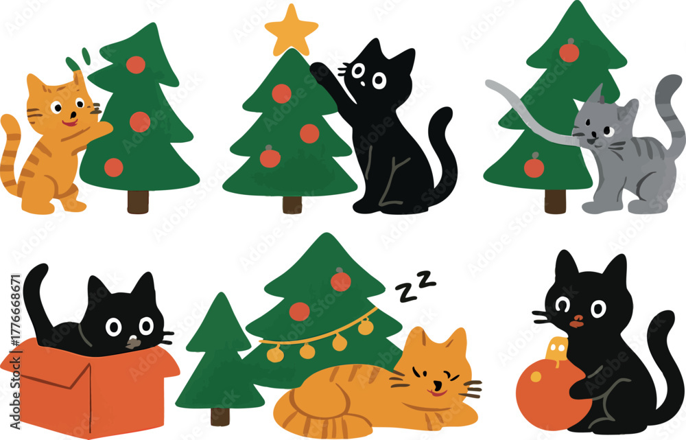 Fototapeta premium Cute cats playing and resting around decorated Christmas trees with festive lights and ornaments vector illustration