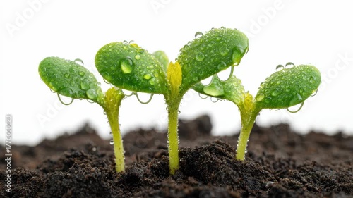 Fresh green seedlings emerge from rich dark soil, showcasing vibrant growth and moisture, with a gradual zoom in on the delicate leaves and droplets of water