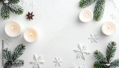Minimalist white Christmas flat lay displays tranquil and serene mood on bright and simple Nordic backdrop