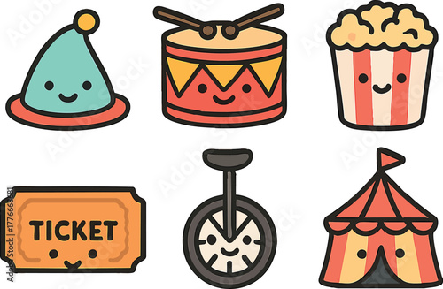 Cute cartoon party hat drum popcorn ticket unicycle circus tent vector icons collection smiling faces