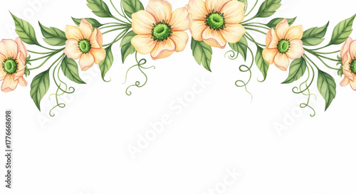 Elegant watercolor floral border with yellow anemone flowers and green leaves, a beautiful vector illustration