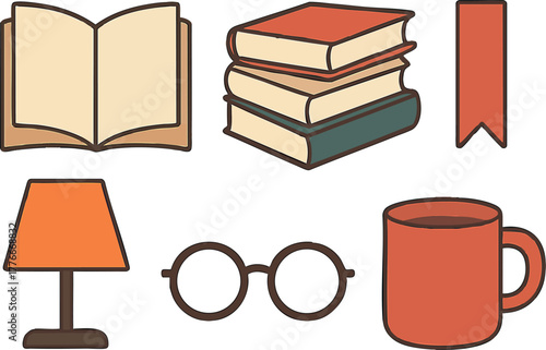 Stack of books with open book lamp glasses coffee cup and bookmark vector icons for reading and study concepts