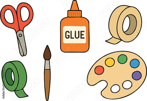 Art supplies set with scissors glue tape brush and colorful paint palette for creative projects and crafting activities