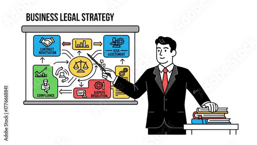 High-Quality Black Outline Colorful Art of Lawyer Pointing at Presentation Board with Legal Chart, Representing Legal Strategy in Business, Minimal Composition on White Background