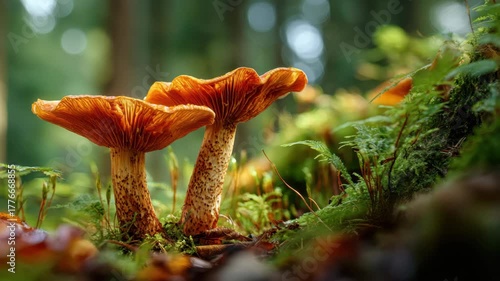 Vibrant orange mushrooms emerge from lush green forest floor, showcasing intricate textures and colors, camera performs a smooth dolly movement to enhance scene depth