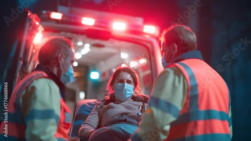 Emergency medical responders assist a woman in distress, showcasing compassionate care and urgency, as the camera follows the action in a dramatic nighttime setting
